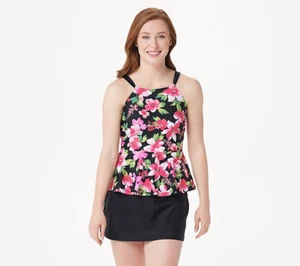 Isaac Mizrahi Live! Floral Peplum Tankini with Skirt, Black, Size 4 - Picture 1 of 5