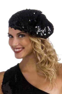 Beret Ladies Black Stretch Knit Sequin Multi Character Costume Headpiece  - Picture 1 of 1
