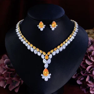 Conjunto de joyas collar de boda amarillo doble gota de agua enchapado en plata circonita cúbica - Imagen 1 de 7