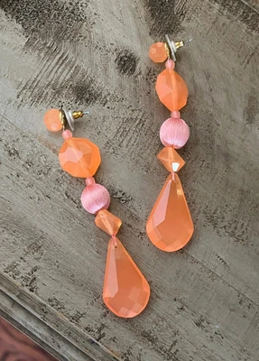 J Crew Coral Peach Pink Faceted Acetate Stone Thread Drop Long Beaded Earrings - Image 1 of 4