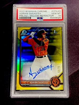 2022 Bowman Chrome ADRIAN SUGASTEY RC AUTO YELLOW REFRACTOR #d 53/75 PSA 10 - Image 1 of 2