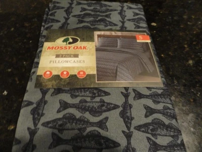 NWT 2 pc~Pillow Case SET~Cabin Dark  Navy Blue FISH wilderness fishing Mossy Oak - Image 1 of 4