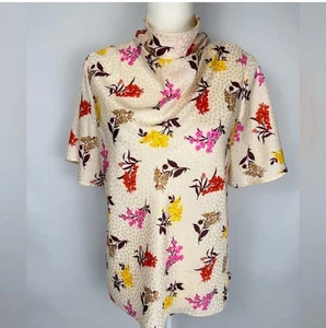 Ann Taylor High Neck Satin Blouse Short Sleeves Flutter Sleeves Floral Large Pet - Picture 1 of 10