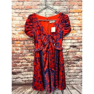 Self Portrait Red floral pleated short sleeve mini dress lace women's 4 NEW - Picture 1 of 6