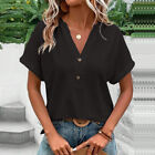 Women's Summer Short Sleeve Plain Shirt T-Shirt Button V-Neck Casual Tunic Tops