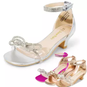 Girls Low Heel Ankle Strap Square Open Toe Wedding Party Dress Sandals Shoes - Picture 1 of 44