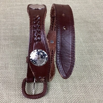 Cinturón vaquero occidental marrón sin marca cuero plata detalles concha talla 28 pulgadas Foto 1 de 4