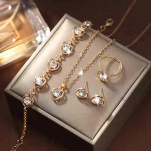 Gold Plated Refined White Crystal Heart Jewellery Set 5 Pieces With Open Ring - Picture 1 of 4