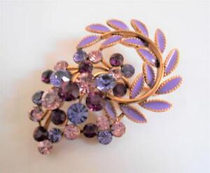 Enamel Leaf Pin Brooch Vintage Purple Amethyst Rhinestone Lavender