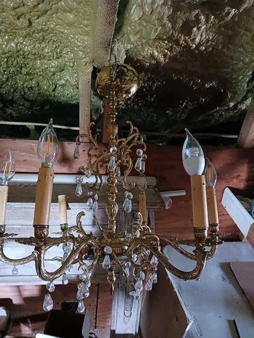 Antique Spanish Brass 6 Light Chandelier with Hanging Crystals Cover
