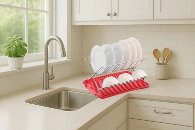 Estante de secado de platos plegable con tabla de drenaje - acero cromado, ahorro de espacio, rojo Foto 1 de 4