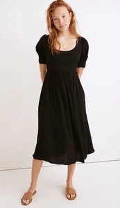 Madewell Puff-Sleeve Scoop Neck Midi Dress Black Lenzing Viscose Pockets Size 0 - Picture 1 of 10