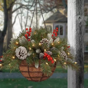 40cm Pre-Lit Artificial Christmas Hanging Basket with Frosted Pine Cones LED - Picture 1 of 7
