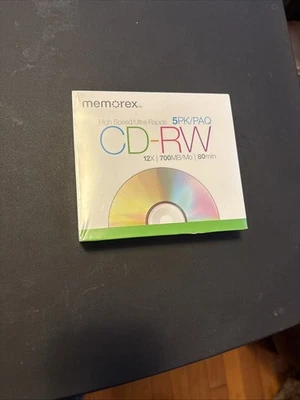 Memorex High Speed Blank CD-RW 12x 700MB 80 Minutes with Cases 5 Pack New - Image 1 of 2