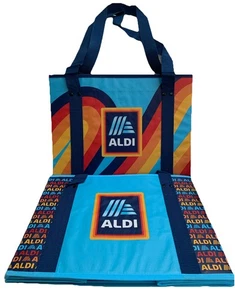 2 ALDI Grocery Collapsible Box Bags 14x10x11 Blue Aldi Logo And Rainbow New - Picture 1 of 8