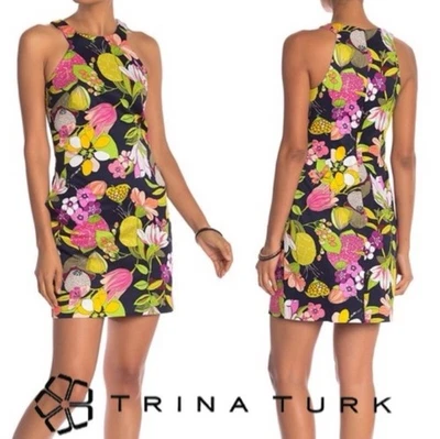 Trina Turk Navy Floral Print Midi Dress Sleeveless Garden Party Wedding Guest 4 - Image 1 of 4