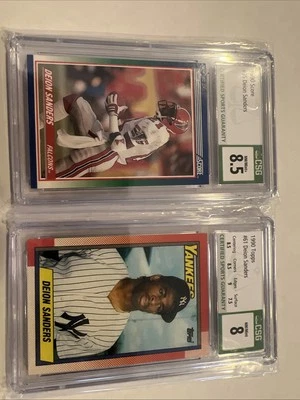 LOTE 2x Béisbol/Fútbol DEION SANDERS CALIFICADO 1990 Puntuación CSG 8.5 1990 Topps CSG8 Foto 1 de 4
