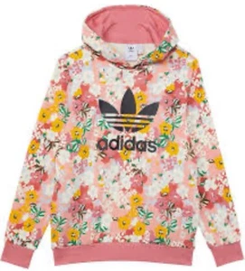 Adidas Her Hoodie Girl's Size Medium Pink Trefoil Floral Flowers All Over Print - Picture 1 of 5