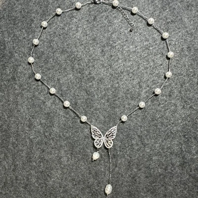 Collar Colgante Mariposa Estilo Y Circonita Circonita 925 Plata de Ley Doble Perla Collar Foto 1 de 4