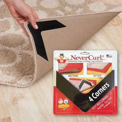 NeverCurl 4-Pack V Shape Rug Corner Grippers - 7.5"L x 7.5"W, Black  - Image 1 of 4