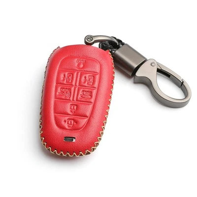For 2020 2021 Hyundai Sonata Nexo 7 Buttons Key Fob Cover Case Chain Red Leather - Image 1 of 4