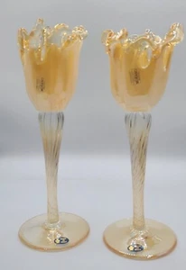 New Murano Art Glass Italy Candle Holder Amber Gold Set of 2 Read Description - Picture 1 of 7