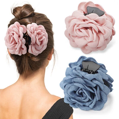 2x Rose Flower Plastic Hair Claw Fashion Hair Clips Fabric Girls Floral Hair Pin - Image 1 of 4