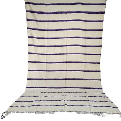 Vintage Old Handmade Moroccan White Rug Blue Stripes Berber Tribal Wool Carpet - Image 1 of 4