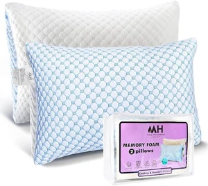 100% Shredded Memory Foam Pillows 2 Pack Cooling & Bamboo Pillow Cover Bed Pillo - Picture 1 of 6