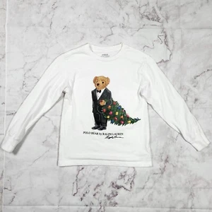 Polo Bear By Ralph Lauren Christmas Tree Long Sleeve Shirt White Kids Size S (8) - Picture 1 of 6