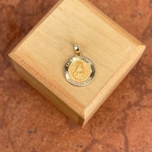 14KT Yellow Gold St Peregrine Saint of Cancer Patients Medal Pendant Charm 15mm - Picture 1 of 12