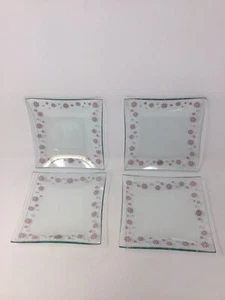 Pampered Chef Glass Square Pink Daisy Dessert Plates 6 Inch #2818 Set Of 4 - Picture 1 of 7