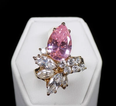 Anillo de cóctel vintage Farrah Fawcett rosa circonita cúbica racimo 925 vermeil esterlina talla 7 Foto 1 de 4