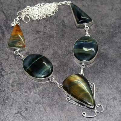 Classy Black Tiger Eye 925 Silver Plated Necklace 18" Superb Jewelry GW - Image 1 of 3