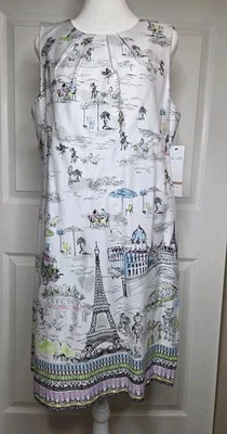 CHETTA B Women's 12 Sleeveless Sheath DRESS PARIS Print on White -NEW W/ Tag - Image 1 of 4
