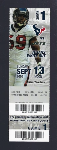 MARK SANCHEZ DEBUT - 2009 NFL NY JETS @ TEXANS FULL UNUSED FOOTBALL TICKET Cover