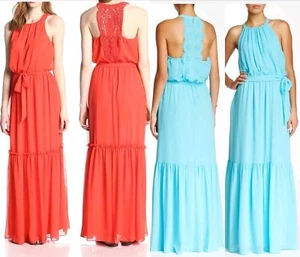 $178 JESSICA SIMPSON Red Blue Crochet, Laser Cutout Back Maxi Dress ~ 10,L M3020 - Picture 1 of 29