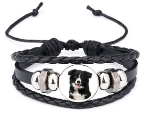 Brazalete y bolsa de regalo de terciopelo de cuero negro para perro Border Collie - Imagen 1 de 4