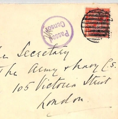 GB WW1 NAVAL *Passed Censor* Cover KGV 1d Red DUMB BARS CANCEL {samwells}YB179 - Image 1 of 4