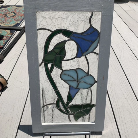 Vintage Leaded Stained Slag Glass Panel Art Deco suncatcher Morning Glory Frame Cover
