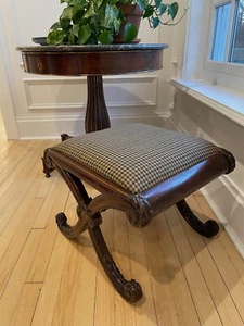 ANTIQUE MOHOGANY FOOT STOOL WITH RALPH LAUREN HOUNDSTOOTH FABRIC - Picture 1 of 7