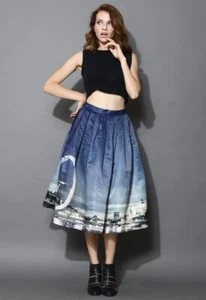 Chicwish London Eye Big Ben Skyline A Line Pleated Midi Lined Skirt M 10 £40 - Picture 1 of 13