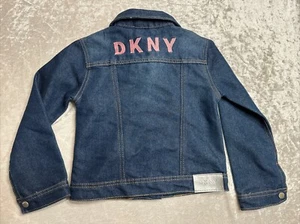 DKNY girl’s size 6 Dark Blue Jean Denim Jacket Pink Embroidered Logo - Picture 1 of 12
