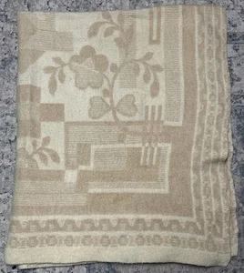 Vintage 1950's 100% Wool Blanket Beige Peach Floral Reversible W/ Label Hudson? - Picture 1 of 6