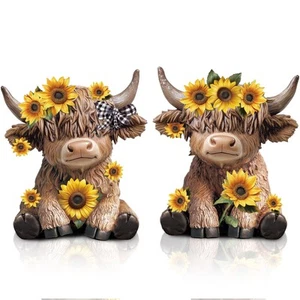 2 Pcs Highland Cow Figurines Spring Sunflower Highland Cow Gnomes Scottish Re... - Picture 1 of 6