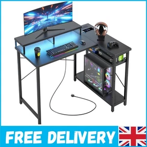 L Shaped Gaming Desk with RGB LED Lights & USB Power Outlets - Black 105.5x80cm - Picture 1 of 9