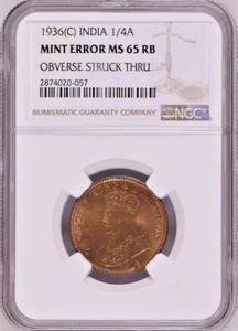British India 1936(C) 1/4 A MS 65 RB Mint Error Obverse Struck Thru NGC - Picture 1 of 2