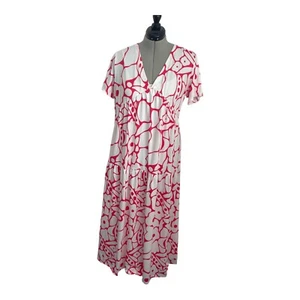 Damen Rot Weiß Abstrakt Blumen Maxikleid Kurzarm V-Ausschnitt Boho Gr. XL - Bild 1 von 13