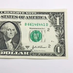 2003 $1 Fancy Serial Number (66146641) Trinary One Dollar Bill with Over Ink - Picture 1 of 5