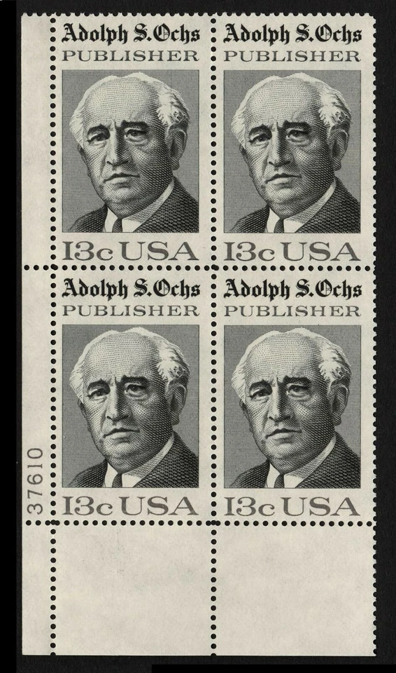 UNITED STATES, SCOTT # 1700, PLATE BLOCK OF ADOLPH S. OCHS PUBLISHER, MNH - Image 1 of 1